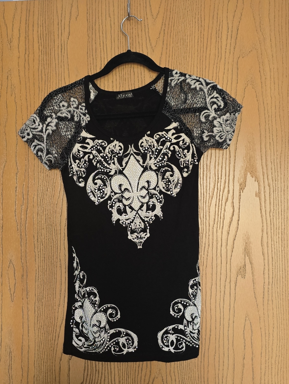 Vocal Black Short Sleeve Top with Rhinestones